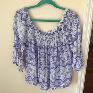 Women’s White and Purple Floral Print Off the Shoulder Flowy Top/Blouse
